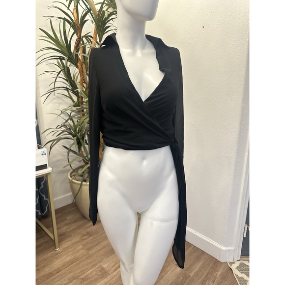 Good American Tops - NEW TOBI Sheer Black Wrap Top Women Size S Blouse Side Tie Lightweight V Neck